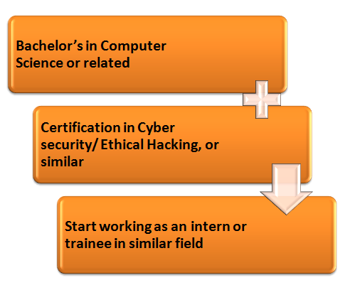 Bachelor’s in Computer Science or related + Certification in Cyber security/ Ethical Hacking, or similar> Start working as an intern or trainee in a similar field