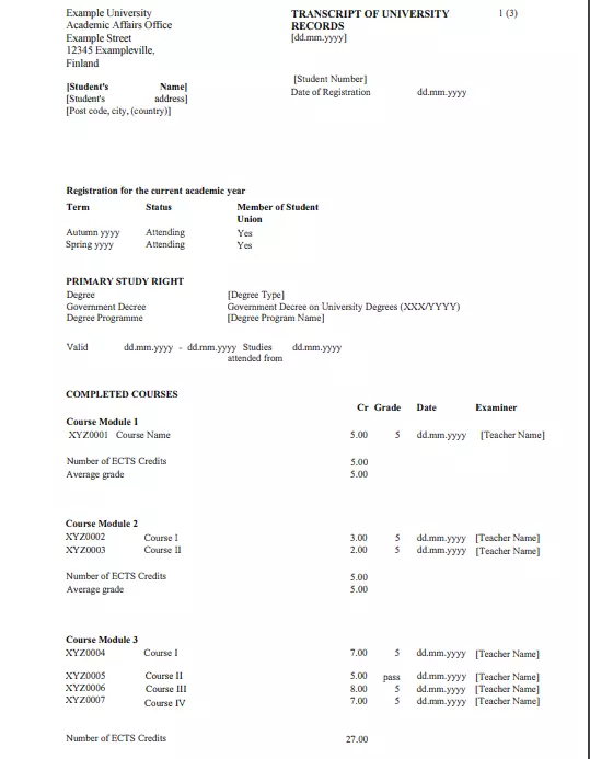 academic transcript sample